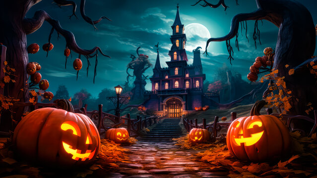 Halloween Night creepy background 3d cartoon style with pumpkin and mansion for banner