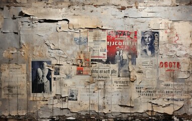 Old aged worn damaged vintage newspapers antique wall texture.