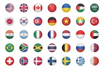 Set of flags buttons of various countries, 3d shaped and glossy