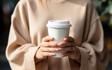 white empty paper cup for coffee, in female hands.