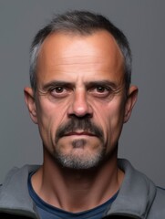 Obraz premium Serious mature man front mugshot on gray background