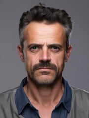 Obraz premium Serious mature man front mugshot on gray background