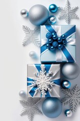 Christmas concept. Top view vertical photo of gift boxes with ribbon bows blue white silver baubles and glitter snowflake ornaments on isolated white background with, Generative AI
