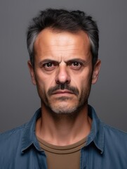 Fototapeta premium Serious mature man front mugshot on gray background