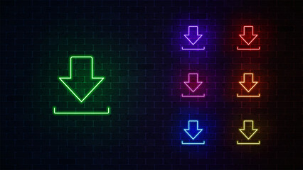 Download neon icon set. Glowing download sign. Vector illustration