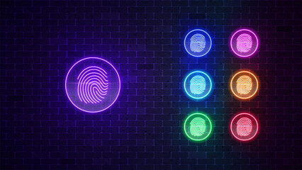 Fingerprint neon scan icon set. Glowing Biometric identity sign. Vector illustration