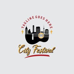 City Skyline with Guitar Instrument for Music Fest Festival Logo Design