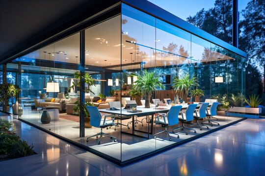 Modern office with glass walls, generative ai