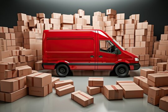 Red truck and a pile of cardboard boxes, generative ai