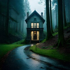 haunted house in the forest surrounded by trees, it rained and the wind also at that time