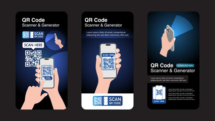 QR Code Scanner and Generator Concept. Social media stories banner advertising for mobile phones held by hand, hand holding smartphone, and presenting QR Code to a machine. Vector.