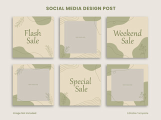 Set of Editable Social Media Instagram Design Post Template Decorated with Frame Green Blob Floral Object Background. Suitable for Advertising, Promotion, Branding Product Beauty, Cosmetic, Makeup