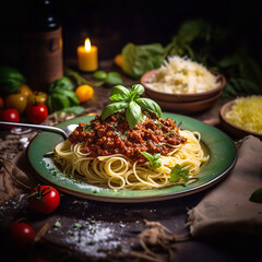 Delicious Spaghetti Bolognese with Tomato Sauce, Basil and Parmesan Cheese