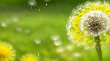Dandelion wind drops and closeup of flower in nature for spring and natural background by Generative AI