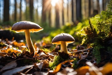 Edible cep mushrooms nature's bounty in a sunny autumn forest - obrazy, fototapety, plakaty