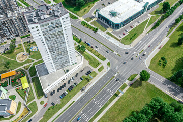 streets intersection at the city. urban landscape on a sunny summer day.