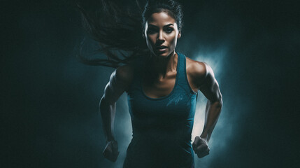 Fototapeta na wymiar A young female sports star running in a dark background