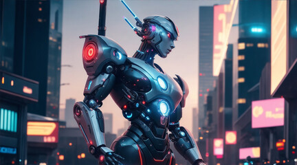 Fototapeta na wymiar Futuristic cyborg with robotic arm stands illuminated in modern city by Generative AI
