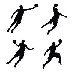 Set of basketball players logo, silhouettes of basketball players slam dunk, Vector illustration