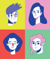 Set of faces drawn sketch style, vector illustration, variety of ethnicities, colors and haircuts on colored background