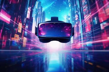 Virtual reality technology world background with VR or AR headset glasses, cyber space futuristic scene, playing virtual game world concept, digital science fiction, with Generative Ai.