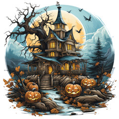 A cozy Halloween haunted house t-shirt design in a countryside farm, with the haunted house transformed into a warm and inviting pumpkin cottage, Generative Ai