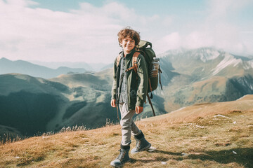 Fototapeta na wymiar Young boy walking on mountain top with backpack smiling towards the camera