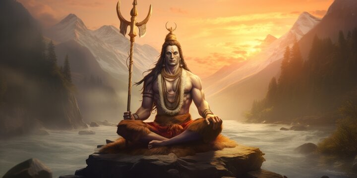 illustration of Hindu god lord shiva doing meditation with his powerful trident, generative AI