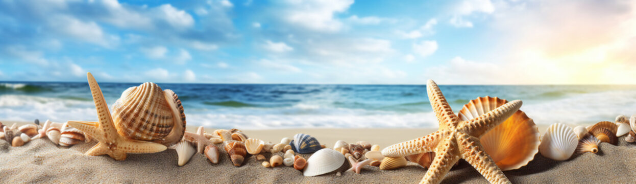 Beach summer vacation theme, concept background illustration with sea shells and starfish on sand and blue sea in background