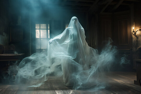 Ethereal translucent ghost in a haunted house