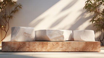 White pieces of stone slabs forming a product podium for product display. Mock-up for exhibitions or presentation of cosmetic products or packaging