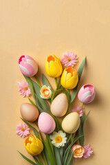 Easter decor concept. Top view vertical photo of bouquet of yellow and pink tulips and colorful easter eggs on isolated pastel beige background with, Generative AI