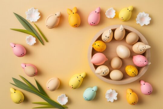 Easter decor concept. Top view photo of colorful easter eggs ceramic bunnies yellow and pink tulips and wooden egg holder on isolated pastel beige background with copyspace in the, Generative AI