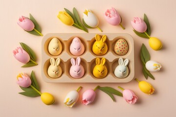 Easter concept. Top view photo of colorful easter eggs in wooden holder ceramic easter bunnies yellow and pink tulips on isolated pastel beige, Generative AI