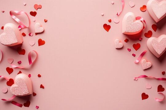Valentine's Day concept. Top view photo of red heart shaped candles serpentine and confetti on isolated pastel pink background with copyspace, Generative AI