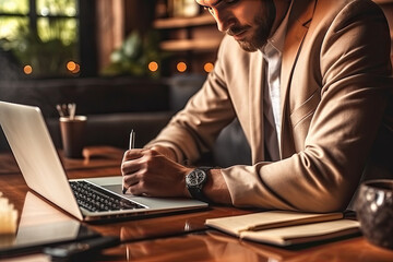 Obraz premium Businessman working with laptop computer in office. Close up of hands