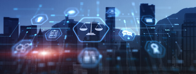 Justice and law concept. Digital technology law innovation interface network icons