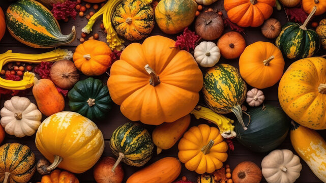 Colorful varieties of pumpkins and squashes. Autumn bottom border banner of pumpkins and fall decor on a rustic wood background with copy space. Halloween theme. generative ai