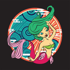 Lovely mermaid with little turtle, vector illustration, children artworks, wallpapers, posters, greeting cards prints. 