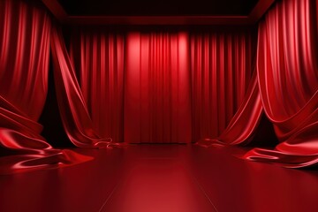 vibrant red satin curtain drapes on maroon red stage floor with spotlight from top for luxury performance. Generative AI