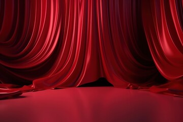 vibrant red satin curtain drapes on maroon red stage floor with spotlight from top for luxury performance. Generative AI