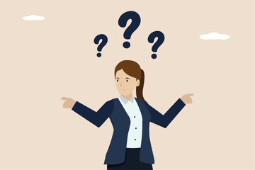 Business doubt choice, make decision work concept, choosing career path, businesswoman in doubt chooses option and points her finger left and right.