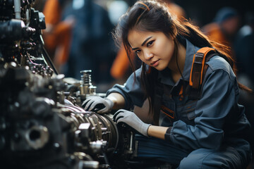 Fototapeta na wymiar Asian woman technician in a factory is working on a metal drilling machine.generative ai