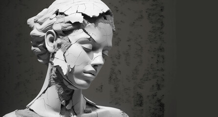Isolated, broken white stature of a woman's head and shoulders, showing stress, emotion, challenge. On a dark background