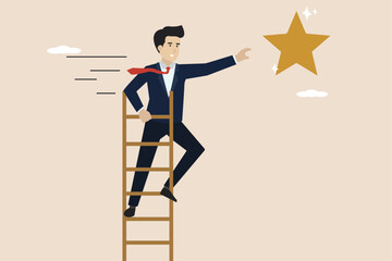 Business opportunity, ladder of success to achieve business goals, ambitious entrepreneur climbing up the ladder and reaching for the shining star.