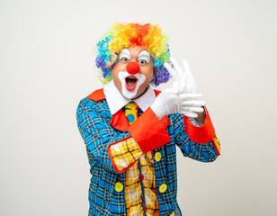 Mr Clown. Portrait of Funny face Clown man in colorful uniform standing variety action. Happy...