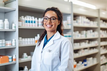 Female pharmacist smiling at the camera in a drugstore pharmacy - obrazy, fototapety, plakaty