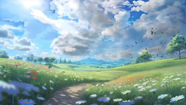 beutiful natural landscape background. anime or cartoon style. seamless looping time-lapse virtual video animation background.