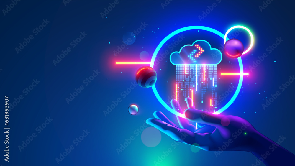 Poster Digital technology network concept. Icon digital cloud over hand in neon lights. Digital rain of data comes from digital cloud. Internet Datum storage synchronization. upload or download information.