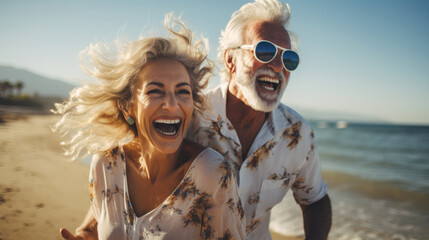 Playful happy senior couple enjoying freedom at the beach. Generative AI